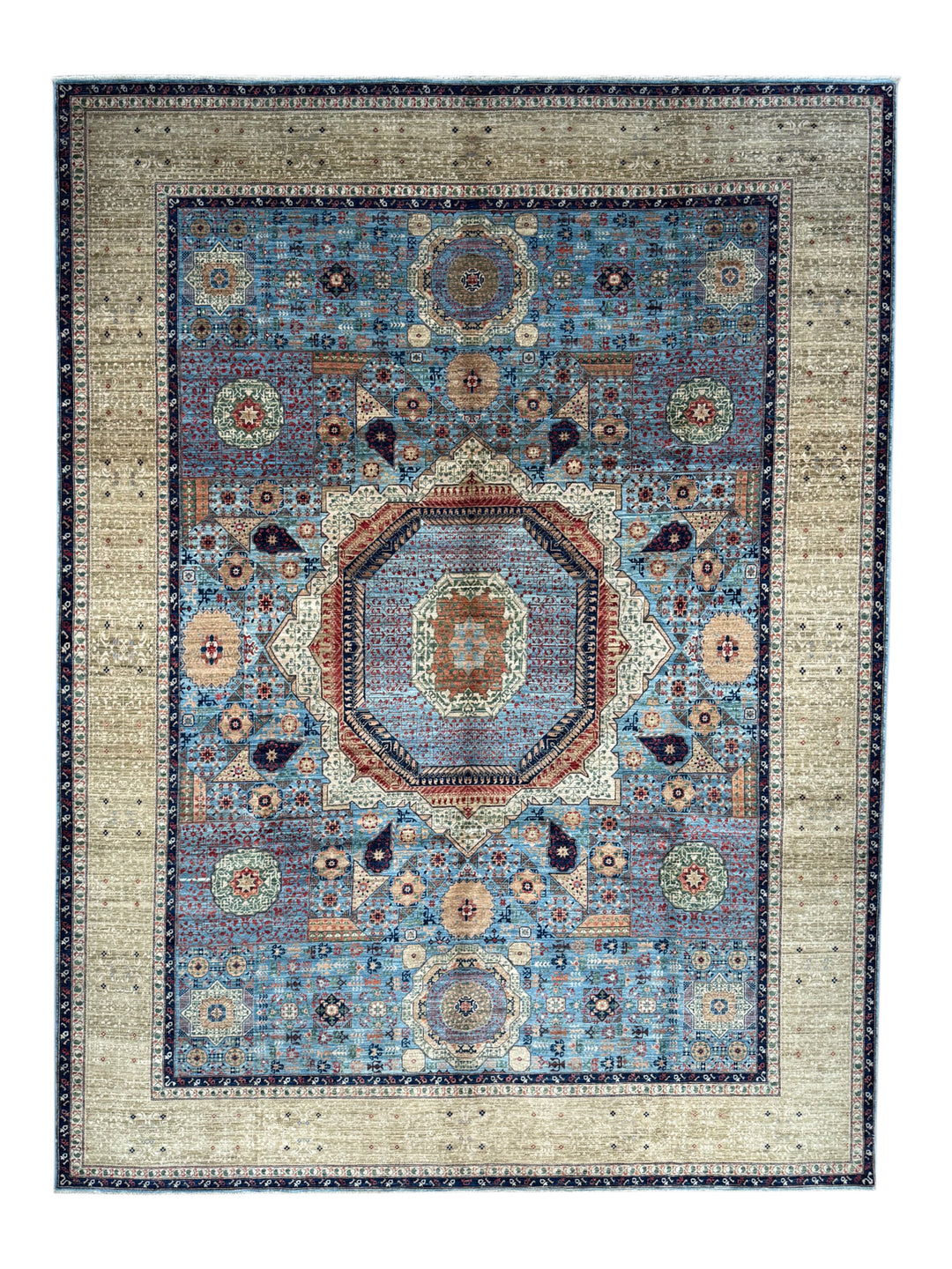 Sky Blue &amp; Ivory Geometric Medallion Mamluk Rug – 9’1” × 12’2”