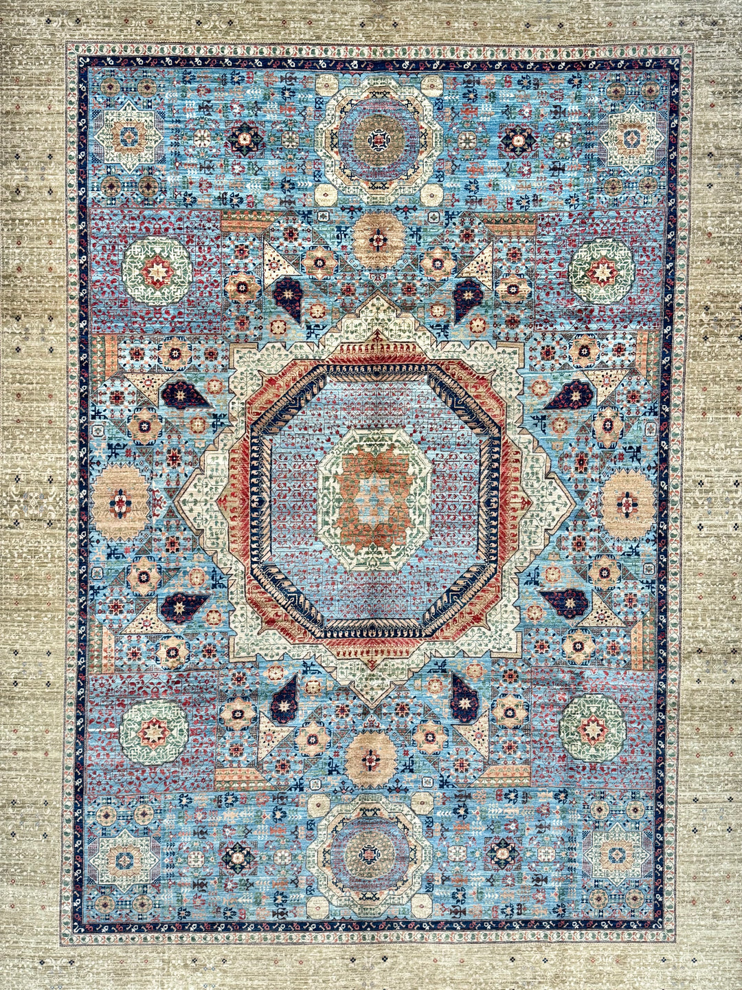 Sky Blue &amp; Ivory Geometric Medallion Mamluk Rug – 9’1” × 12’2”