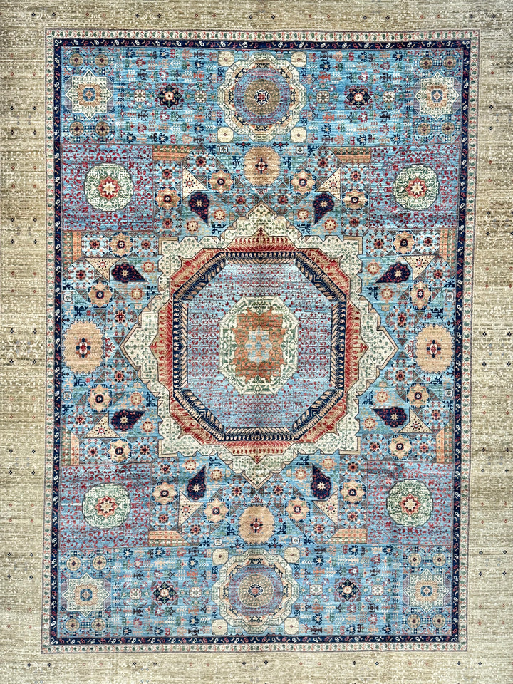 Sky Blue &amp; Ivory Geometric Medallion Mamluk Rug – 9’1” × 12’2”