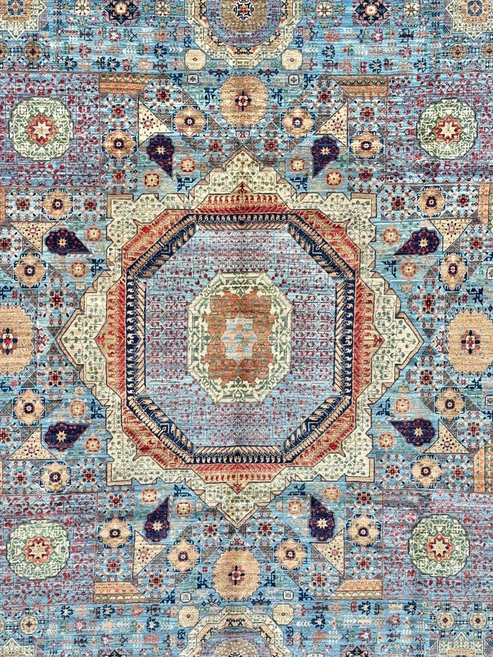 Sky Blue &amp; Ivory Geometric Medallion Mamluk Rug – 9’1” × 12’2”