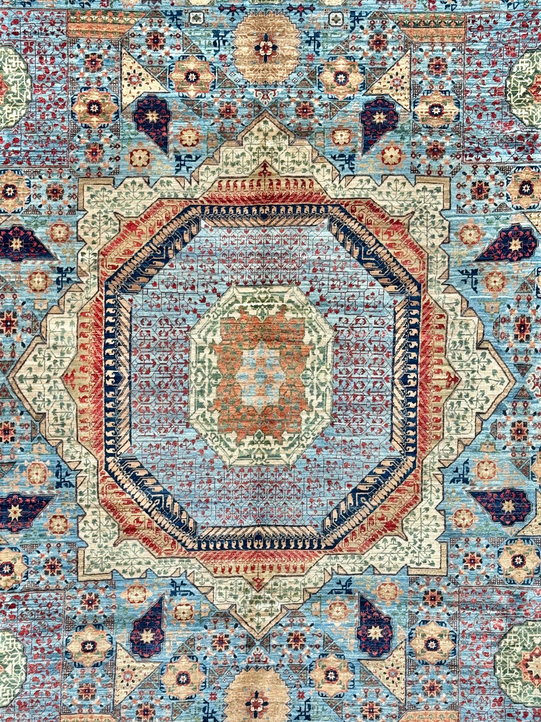 Sky Blue &amp; Ivory Geometric Medallion Mamluk Rug – 9’1” × 12’2”