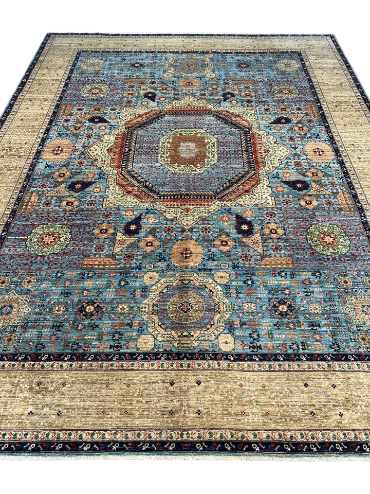 Sky Blue &amp; Ivory Geometric Medallion Mamluk Rug – 9’1” × 12’2”