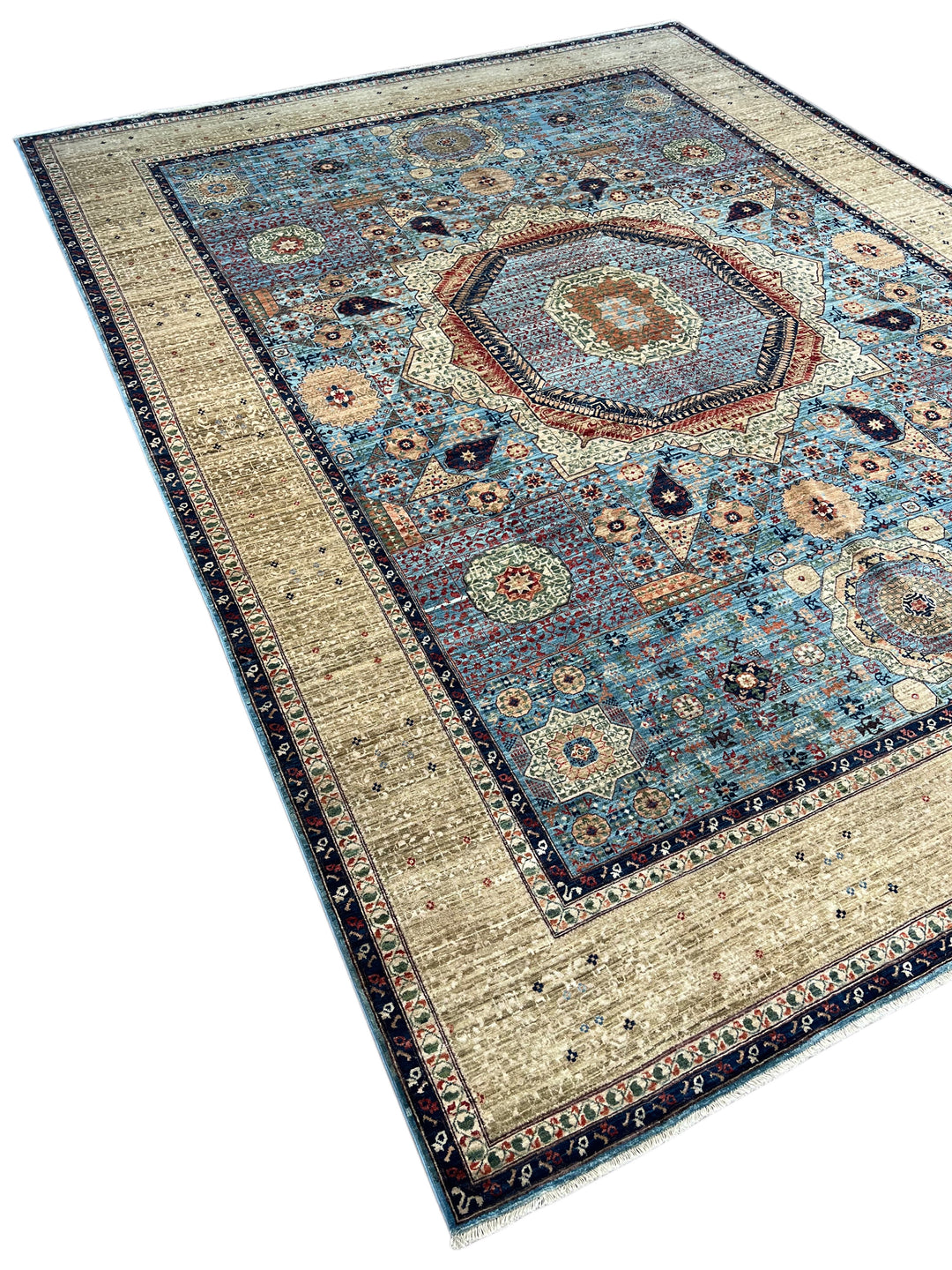 Sky Blue &amp; Ivory Geometric Medallion Mamluk Rug – 9’1” × 12’2”