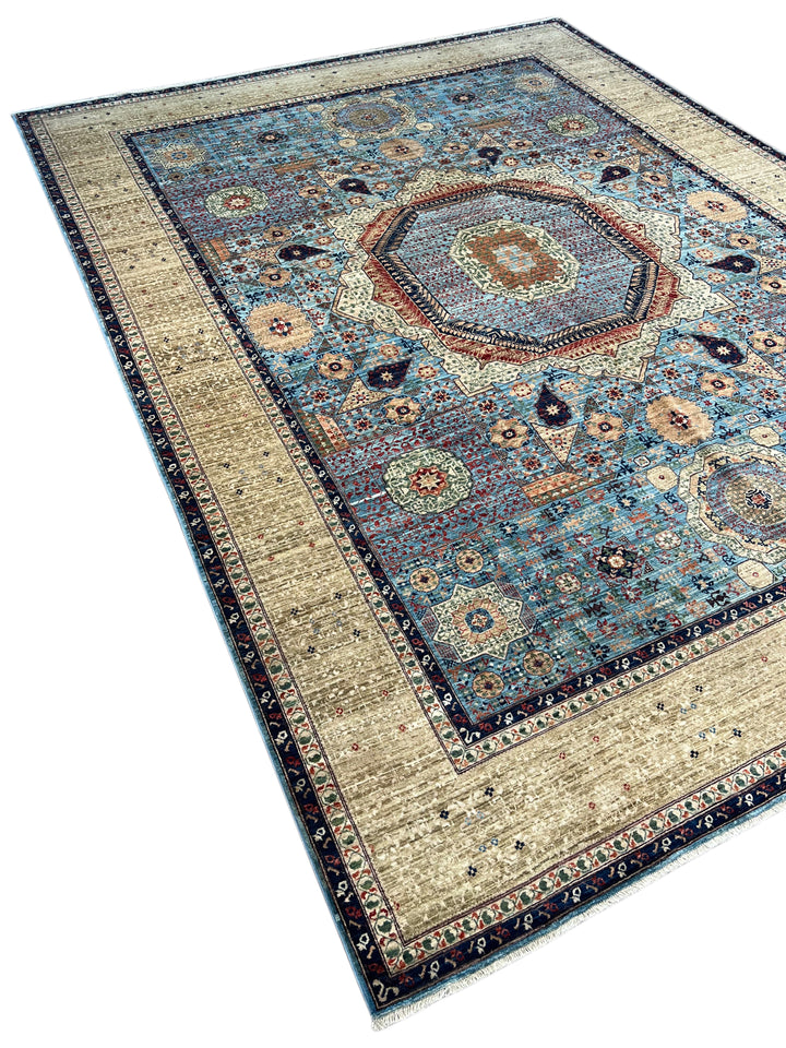 Sky Blue &amp; Ivory Geometric Medallion Mamluk Rug – 9’1” × 12’2”