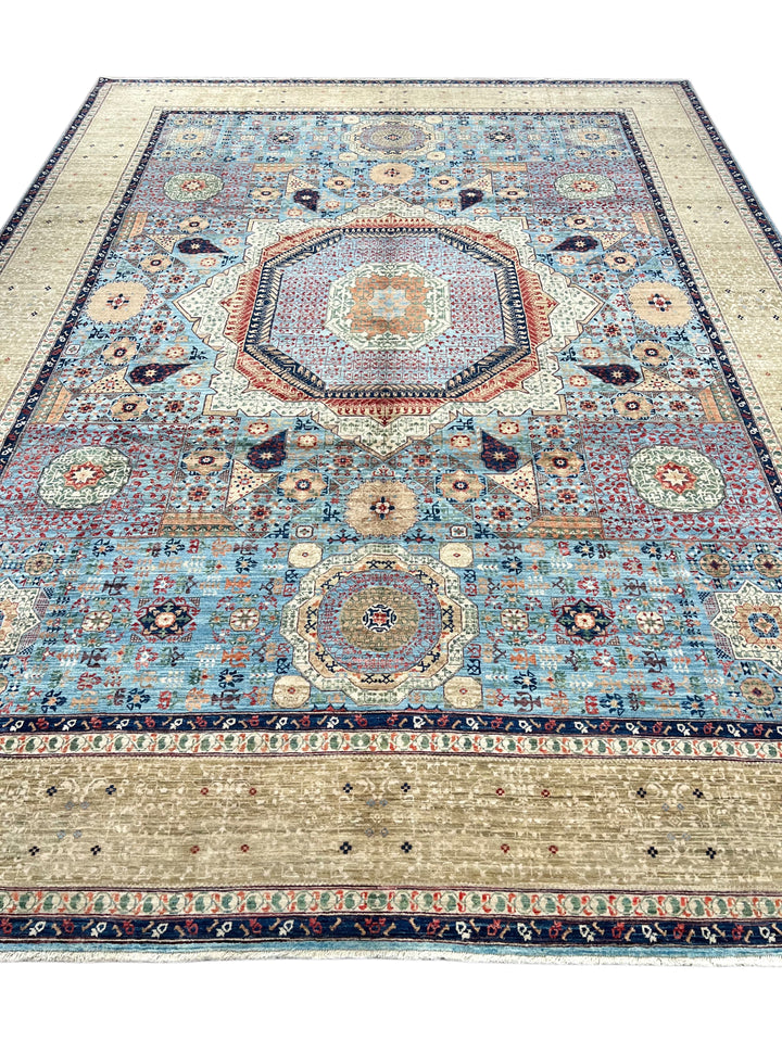 Sky Blue &amp; Ivory Geometric Medallion Mamluk Rug – 9’1” × 12’2”