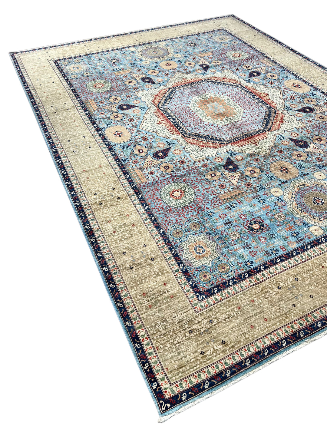 Sky Blue &amp; Ivory Geometric Medallion Mamluk Rug – 9’1” × 12’2”