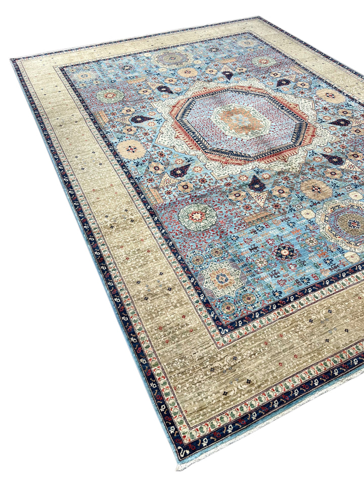 Sky Blue &amp; Ivory Geometric Medallion Mamluk Rug – 9’1” × 12’2”