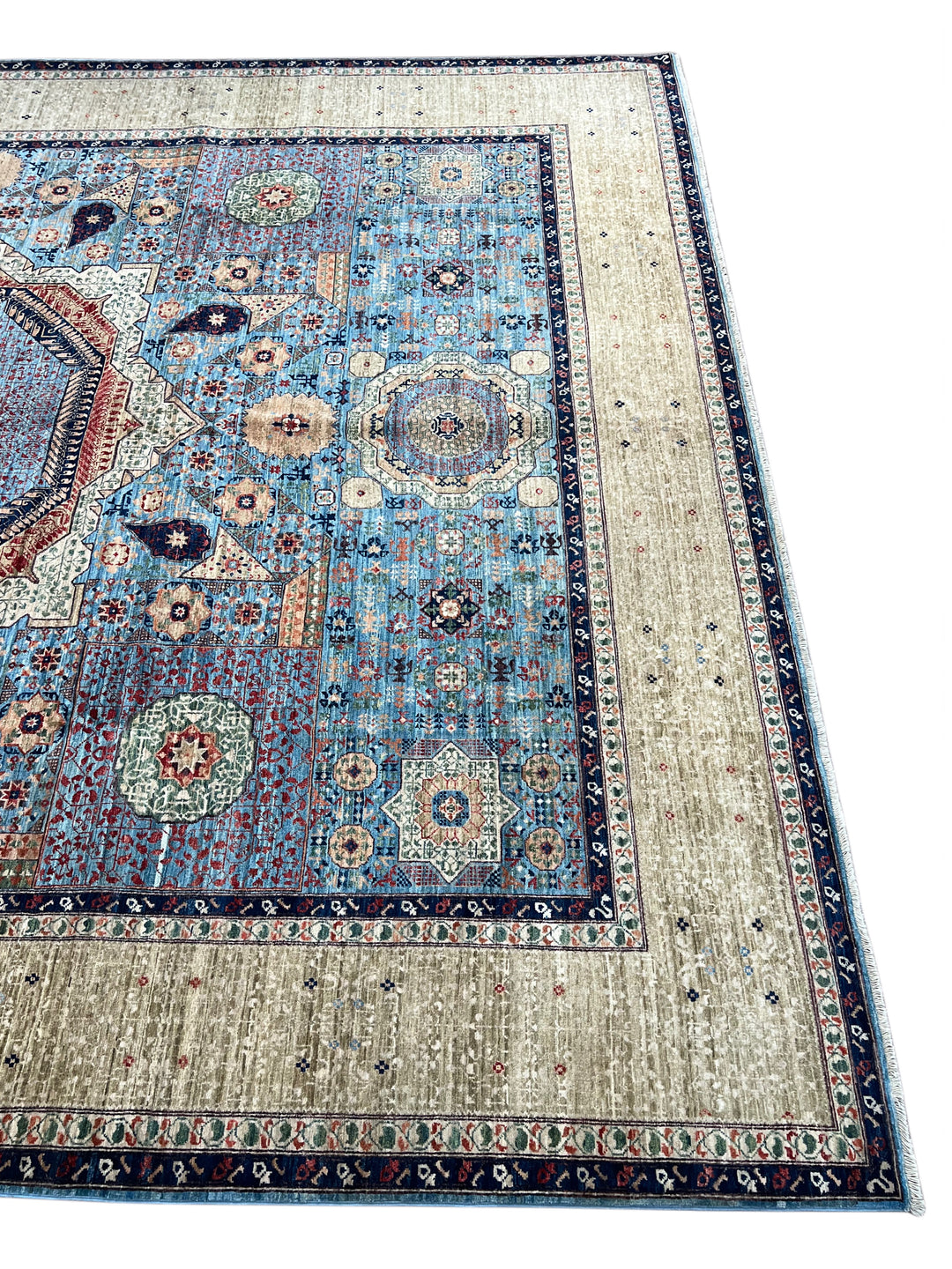 Sky Blue &amp; Ivory Geometric Medallion Mamluk Rug – 9’1” × 12’2”