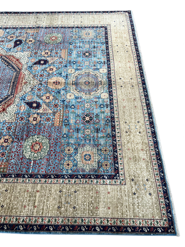 Sky Blue &amp; Ivory Geometric Medallion Mamluk Rug – 9’1” × 12’2”