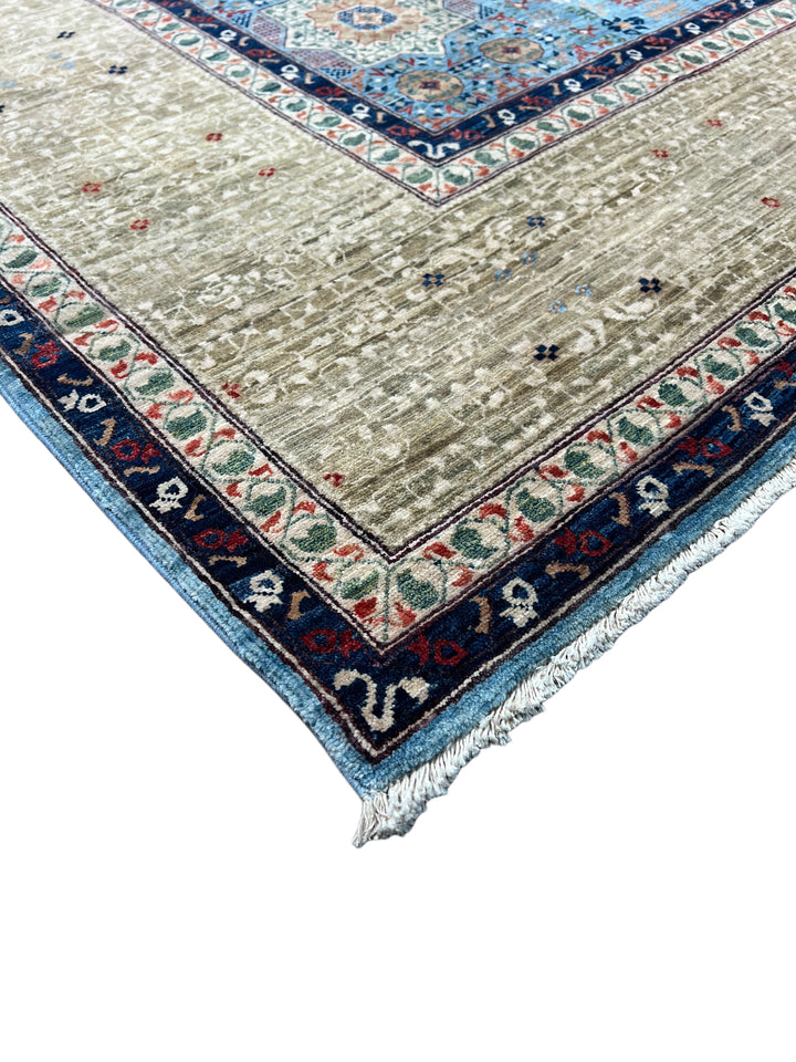 Sky Blue &amp; Ivory Geometric Medallion Mamluk Rug – 9’1” × 12’2”