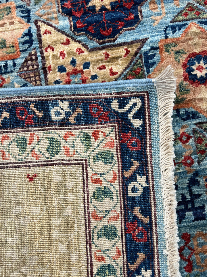 Sky Blue &amp; Ivory Geometric Medallion Mamluk Rug – 9’1” × 12’2”