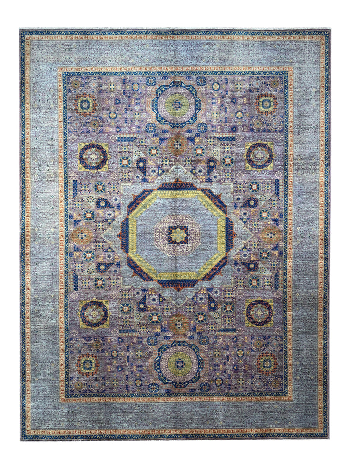 Lavender &amp; Blue Geometric Medallion Mamluk Wool Area Rug – 8’11” × 11’11”