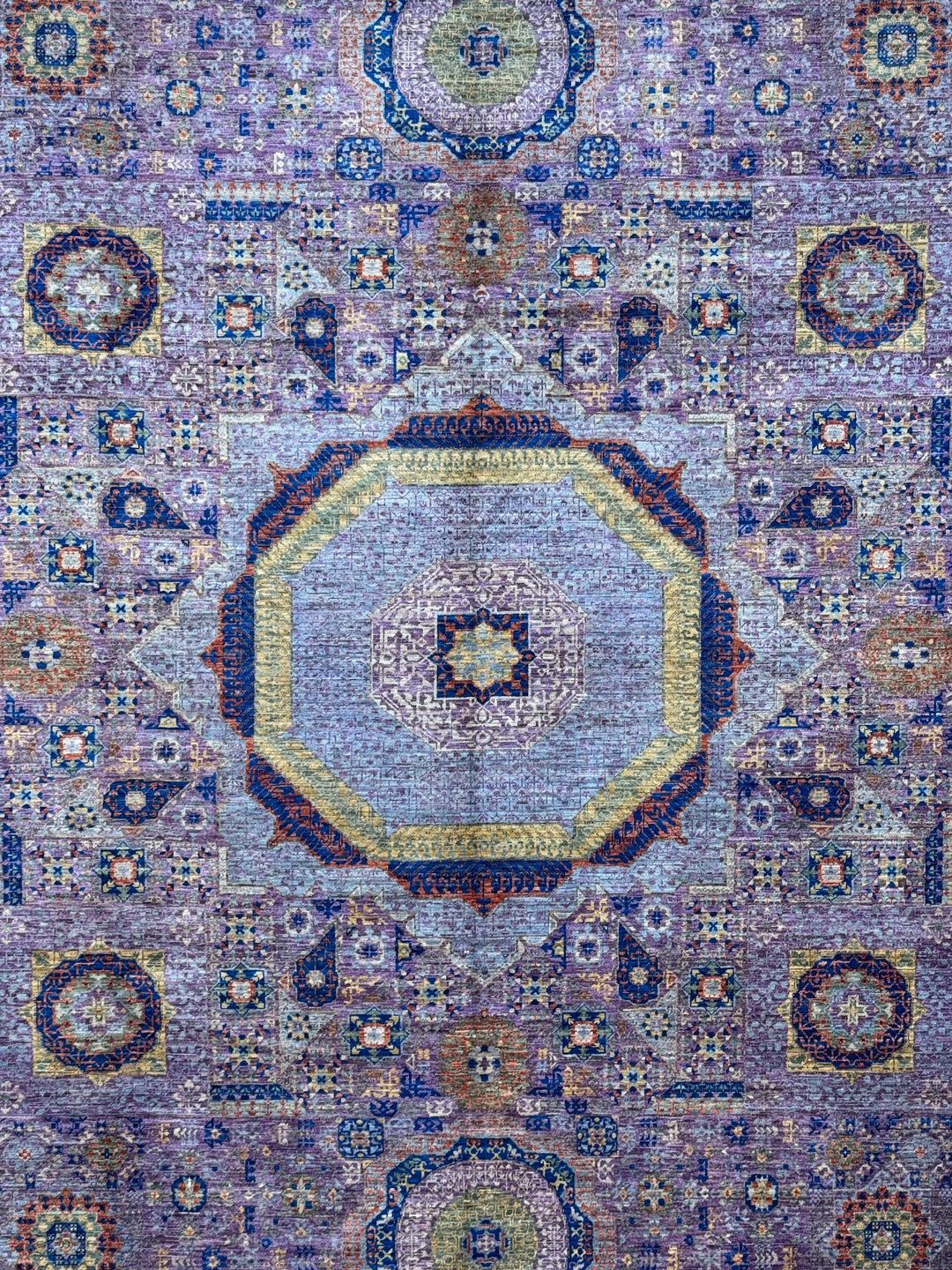 Lavender &amp; Blue Geometric Medallion Mamluk Wool Area Rug – 8’11” × 11’11”
