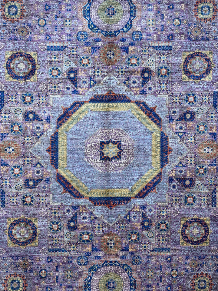 Lavender &amp; Blue Geometric Medallion Mamluk Wool Area Rug – 8’11” × 11’11”