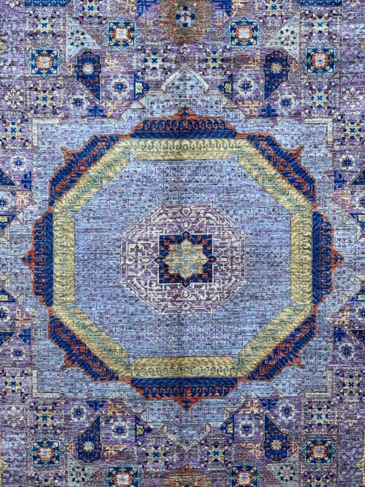 Lavender &amp; Blue Geometric Medallion Mamluk Wool Area Rug – 8’11” × 11’11”