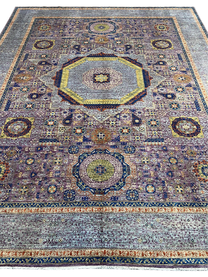 Lavender &amp; Blue Geometric Medallion Mamluk Wool Area Rug – 8’11” × 11’11”