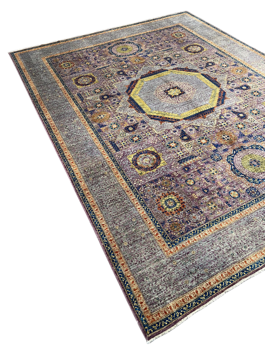 Lavender &amp; Blue Geometric Medallion Mamluk Wool Area Rug – 8’11” × 11’11”