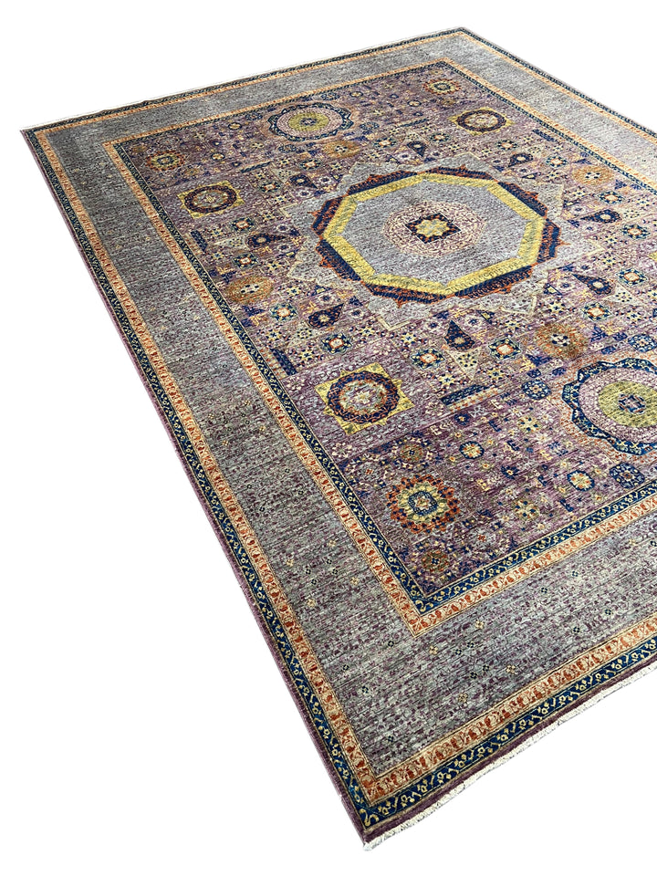 Lavender &amp; Blue Geometric Medallion Mamluk Wool Area Rug – 8’11” × 11’11”