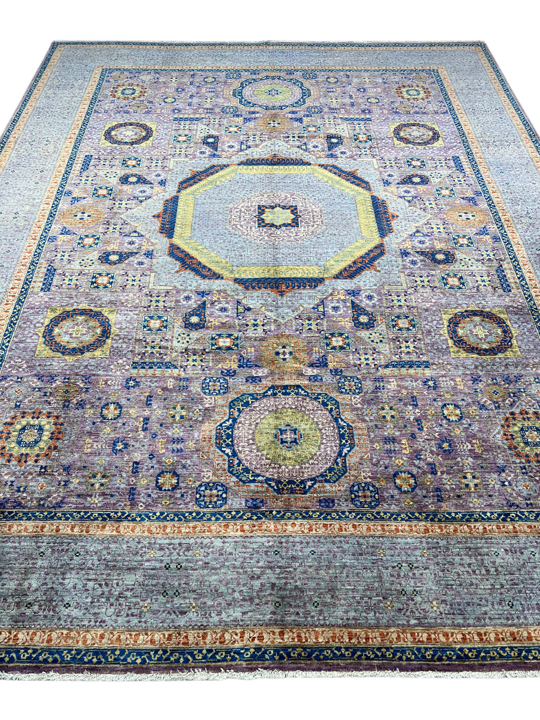 Lavender &amp; Blue Geometric Medallion Mamluk Wool Area Rug – 8’11” × 11’11”