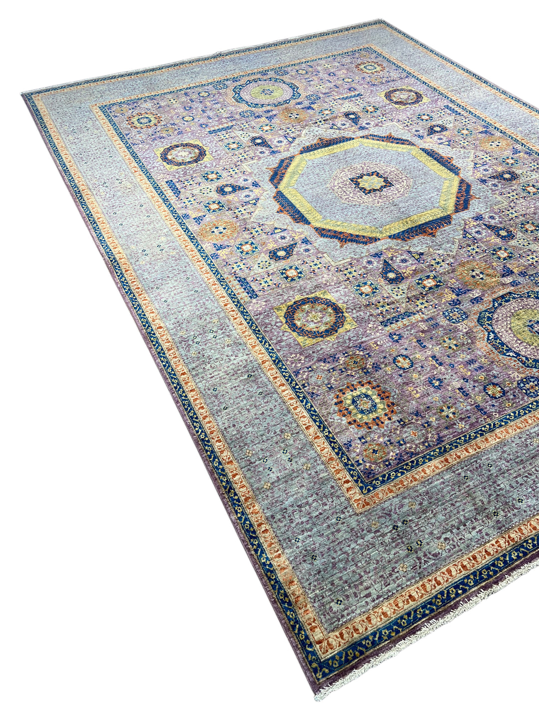 Lavender &amp; Blue Geometric Medallion Mamluk Wool Area Rug – 8’11” × 11’11”