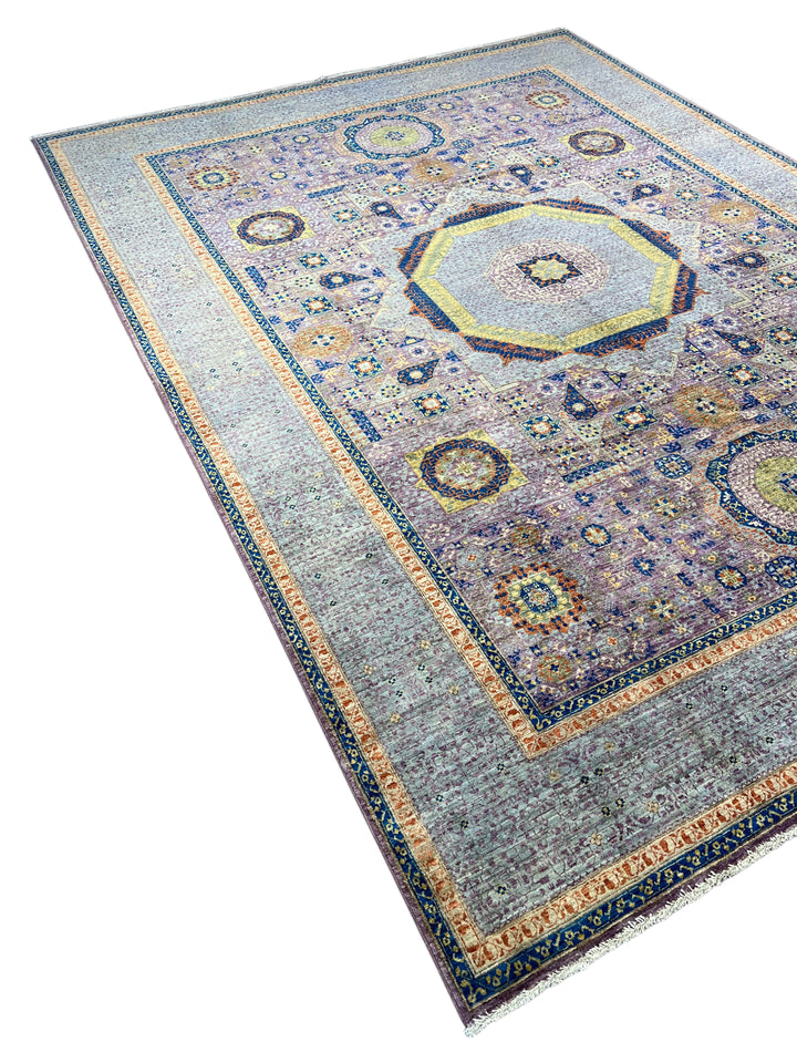 Lavender &amp; Blue Geometric Medallion Mamluk Wool Area Rug – 8’11” × 11’11”