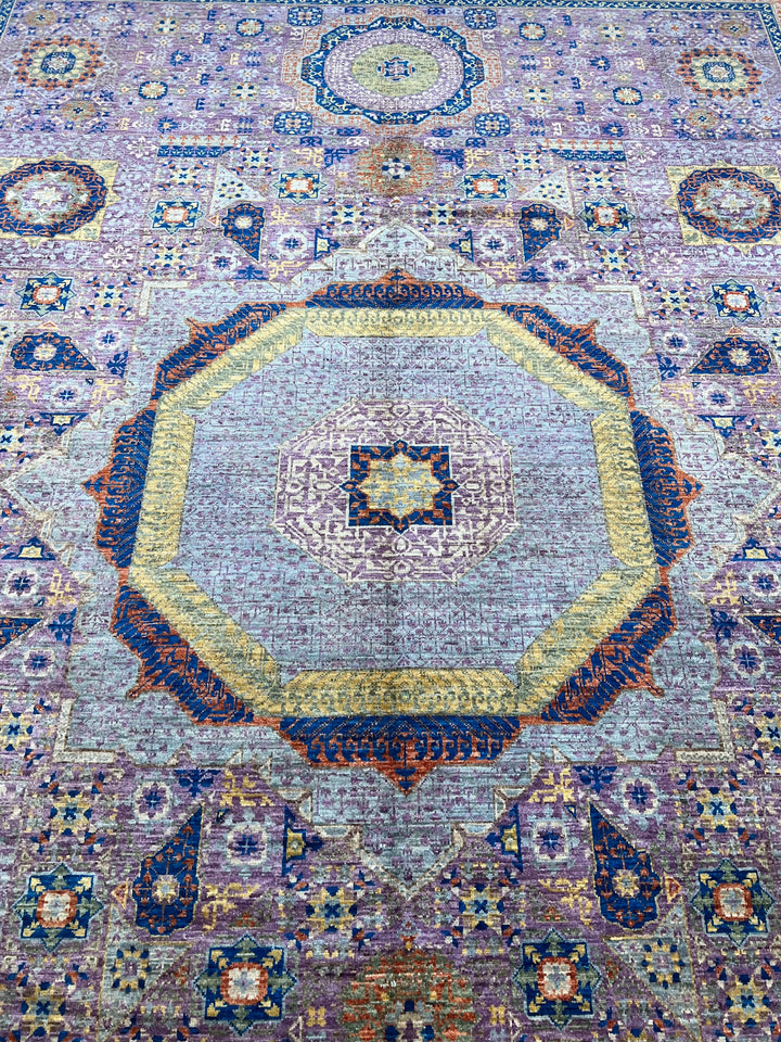 Lavender &amp; Blue Geometric Medallion Mamluk Wool Area Rug – 8’11” × 11’11”