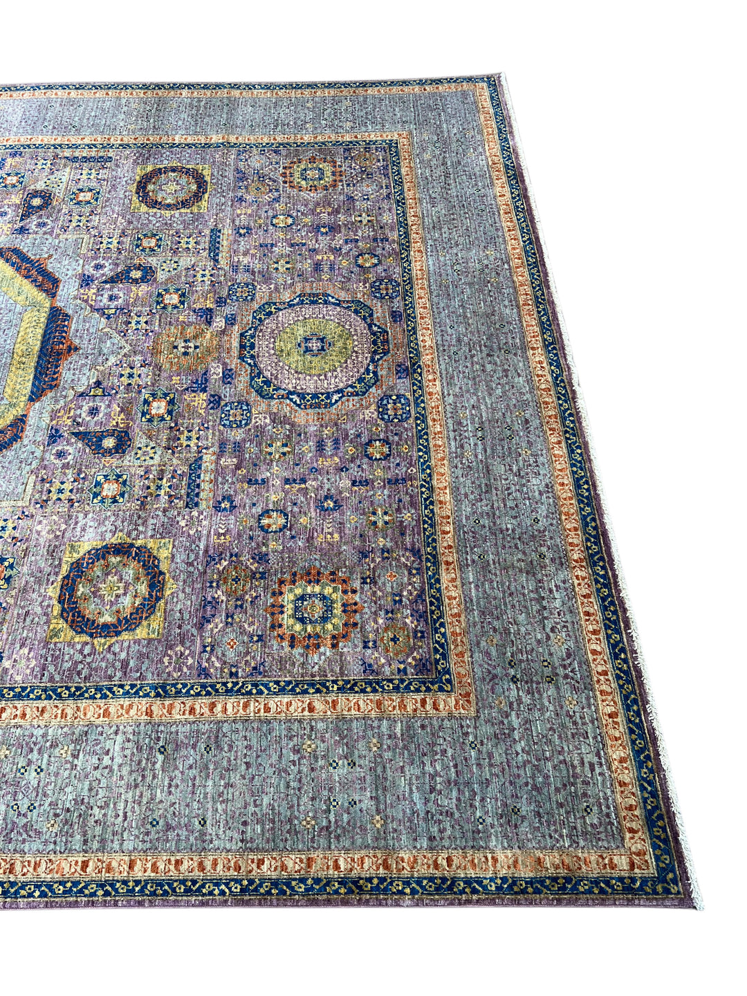 Lavender &amp; Blue Geometric Medallion Mamluk Wool Area Rug – 8’11” × 11’11”