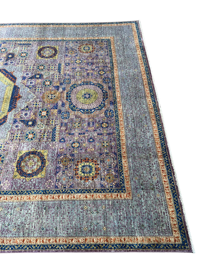 Lavender &amp; Blue Geometric Medallion Mamluk Wool Area Rug – 8’11” × 11’11”