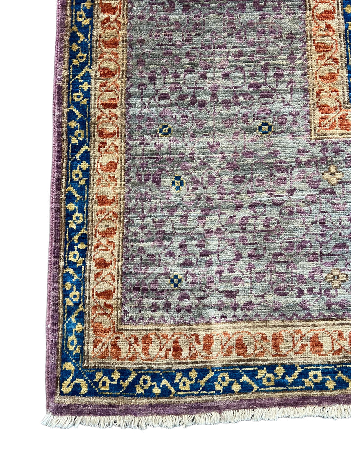 Lavender &amp; Blue Geometric Medallion Mamluk Wool Area Rug – 8’11” × 11’11”