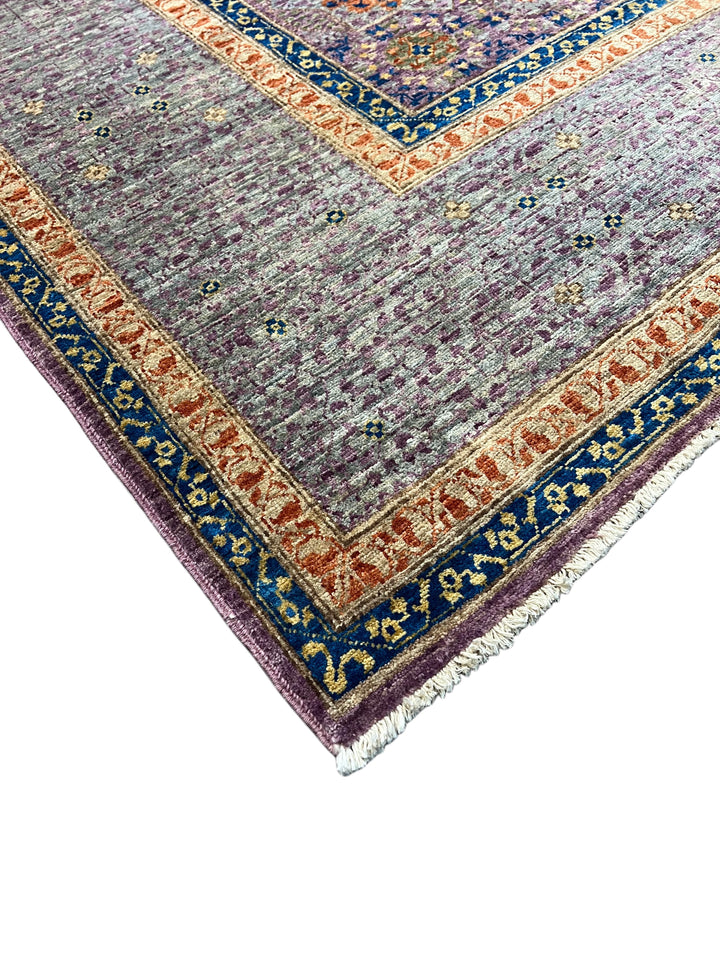 Lavender &amp; Blue Geometric Medallion Mamluk Wool Area Rug – 8’11” × 11’11”