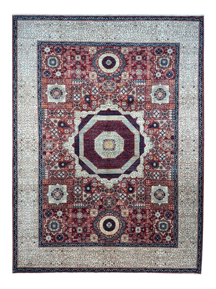Red, Ivory &amp; Navy Mamluk Medallion Wool Rug – 8’1” × 12’0”