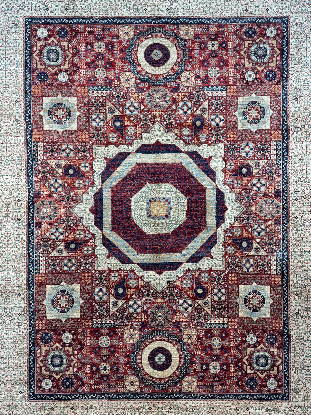 Red, Ivory &amp; Navy Mamluk Medallion Wool Rug – 8’1” × 12’0”