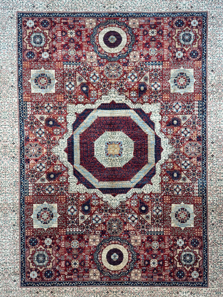 Red, Ivory &amp; Navy Mamluk Medallion Wool Rug – 8’1” × 12’0”