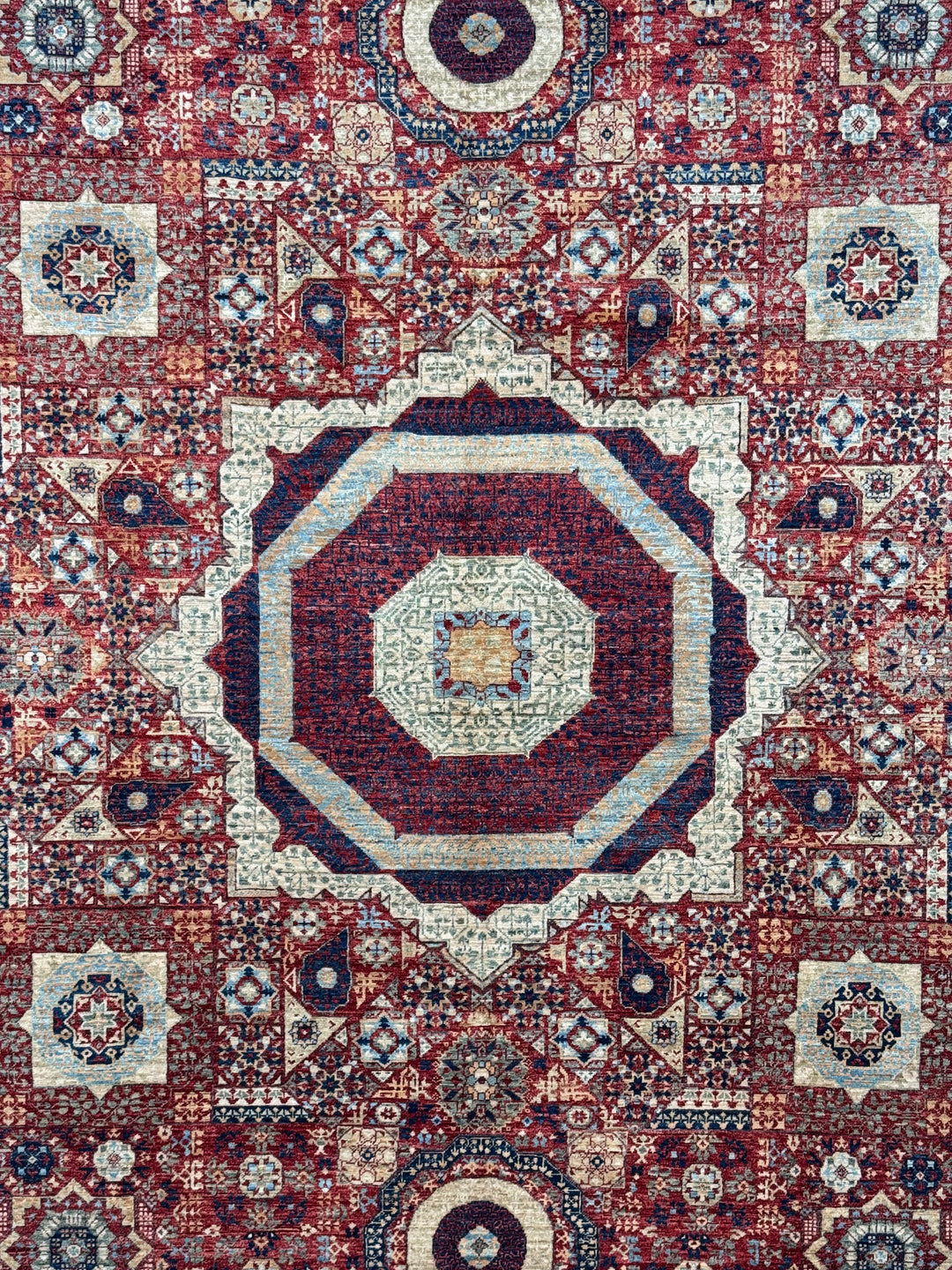 Red, Ivory &amp; Navy Mamluk Medallion Wool Rug – 8’1” × 12’0”