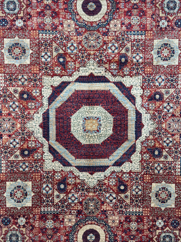Red, Ivory &amp; Navy Mamluk Medallion Wool Rug – 8’1” × 12’0”