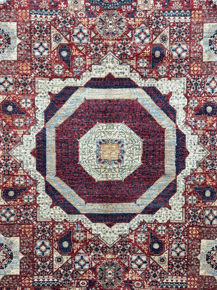 Red, Ivory &amp; Navy Mamluk Medallion Wool Rug – 8’1” × 12’0”