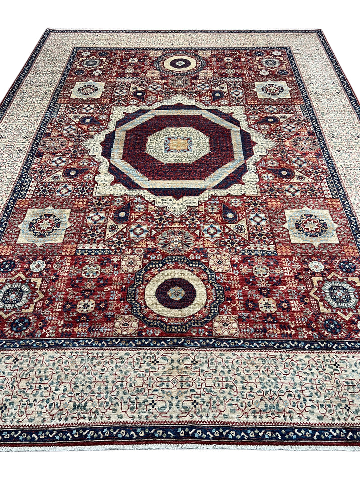 Red, Ivory &amp; Navy Mamluk Medallion Wool Rug – 8’1” × 12’0”