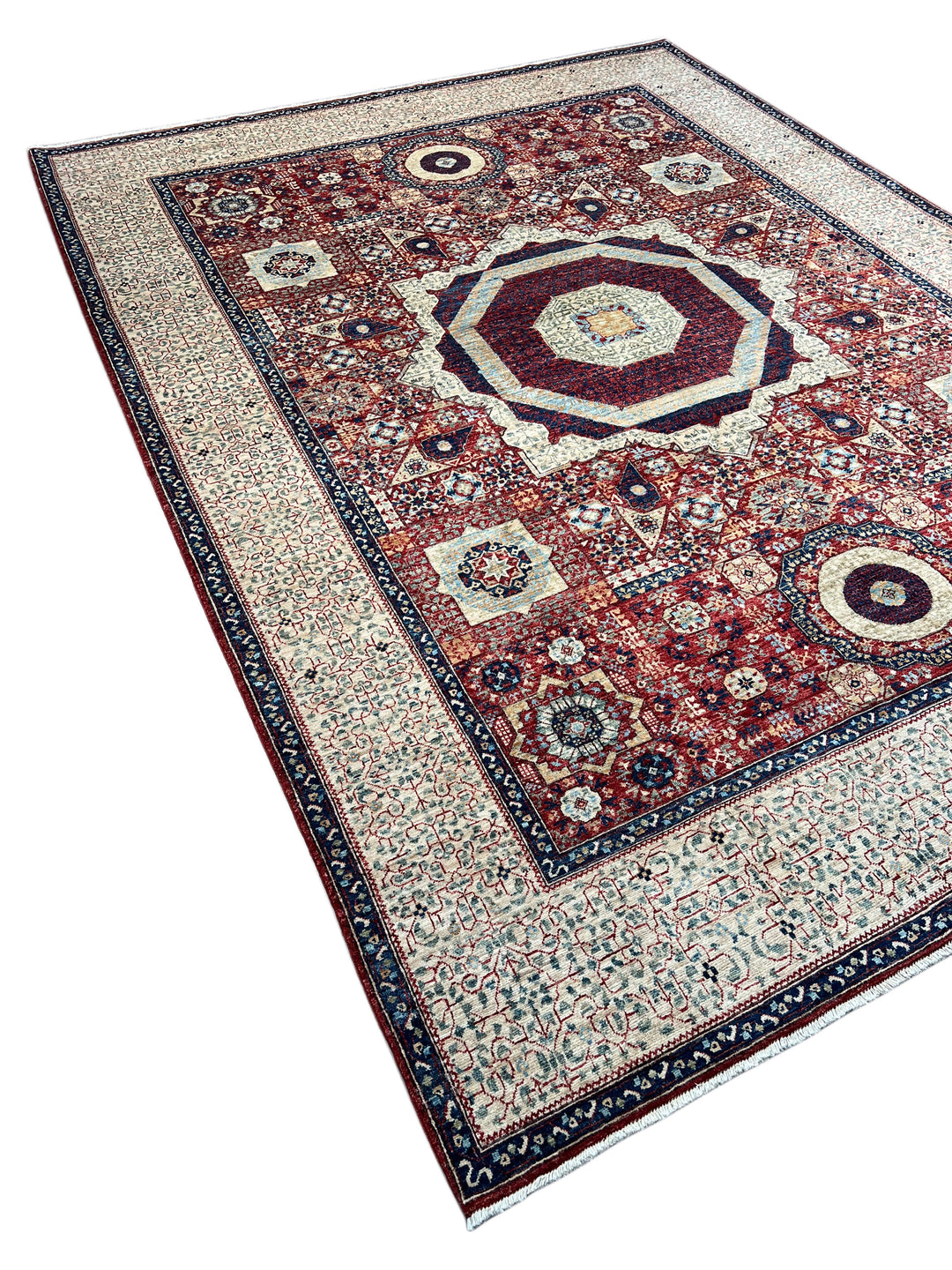 Red, Ivory &amp; Navy Mamluk Medallion Wool Rug – 8’1” × 12’0”