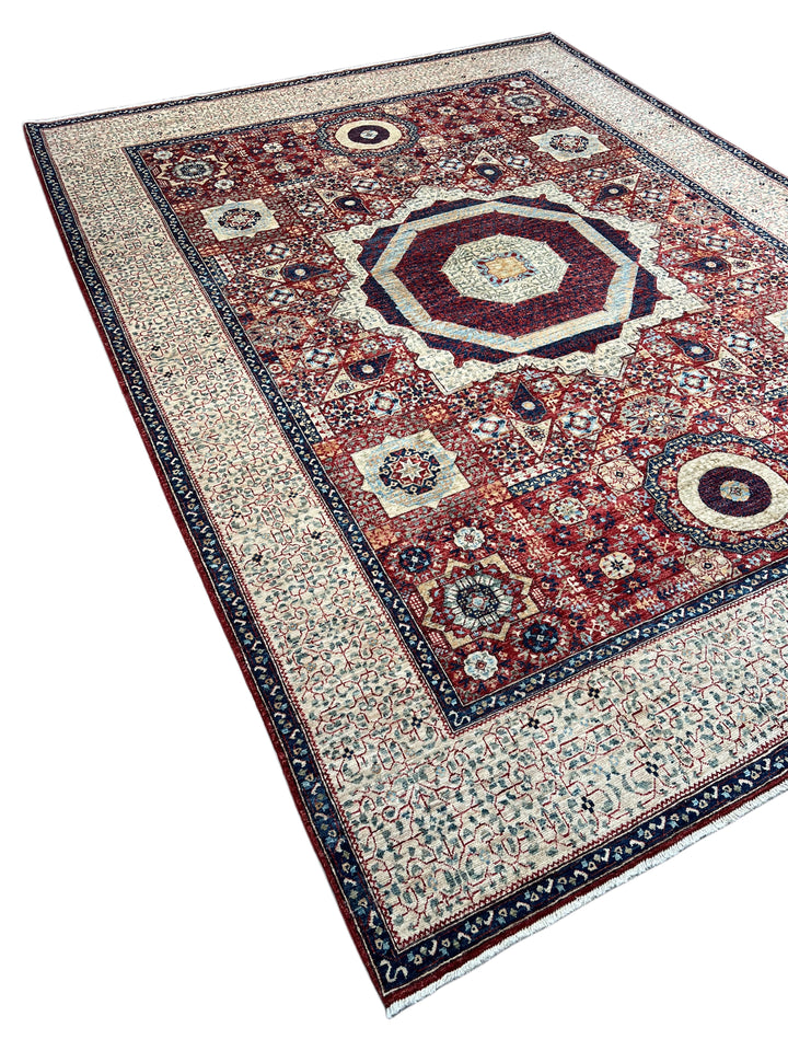 Red, Ivory &amp; Navy Mamluk Medallion Wool Rug – 8’1” × 12’0”