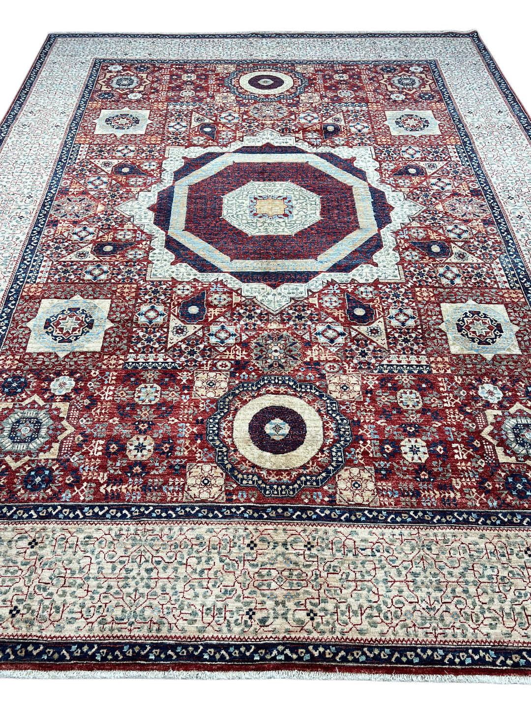 Red, Ivory &amp; Navy Mamluk Medallion Wool Rug – 8’1” × 12’0”