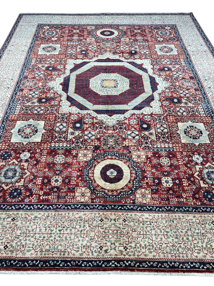 Red, Ivory &amp; Navy Mamluk Medallion Wool Rug – 8’1” × 12’0”