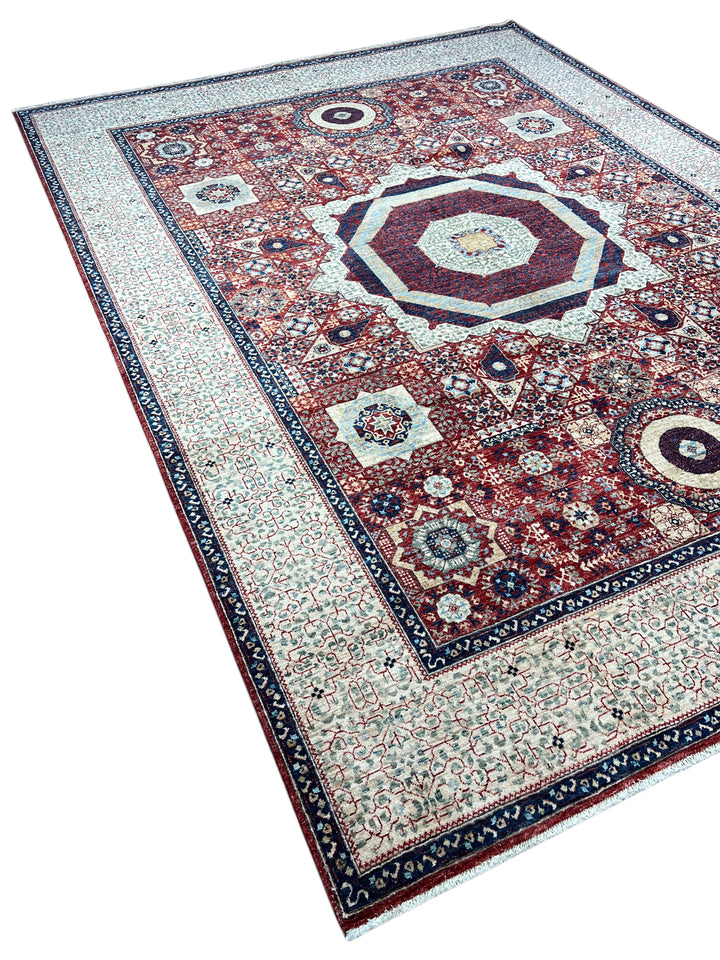 Red, Ivory &amp; Navy Mamluk Medallion Wool Rug – 8’1” × 12’0”