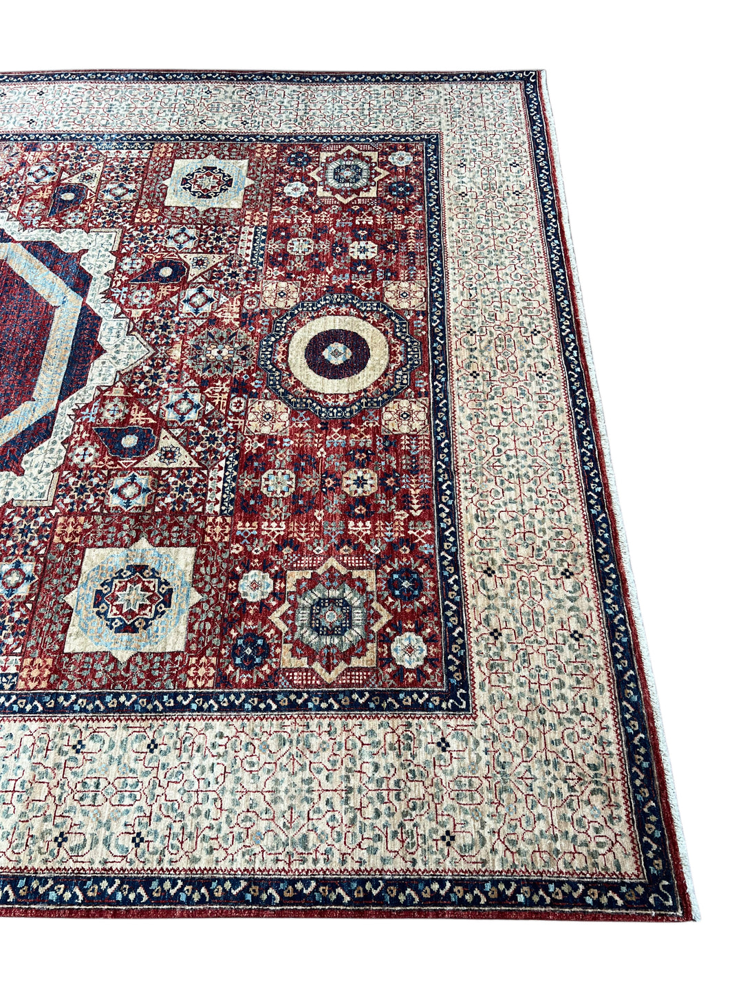 Red, Ivory &amp; Navy Mamluk Medallion Wool Rug – 8’1” × 12’0”