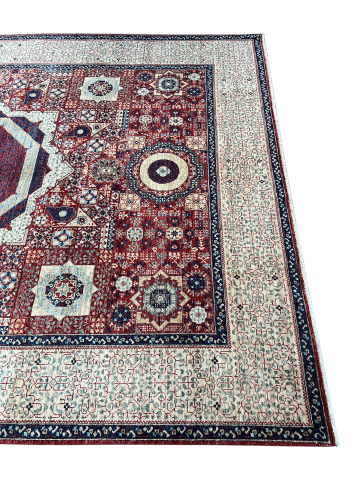 Red, Ivory &amp; Navy Mamluk Medallion Wool Rug – 8’1” × 12’0”