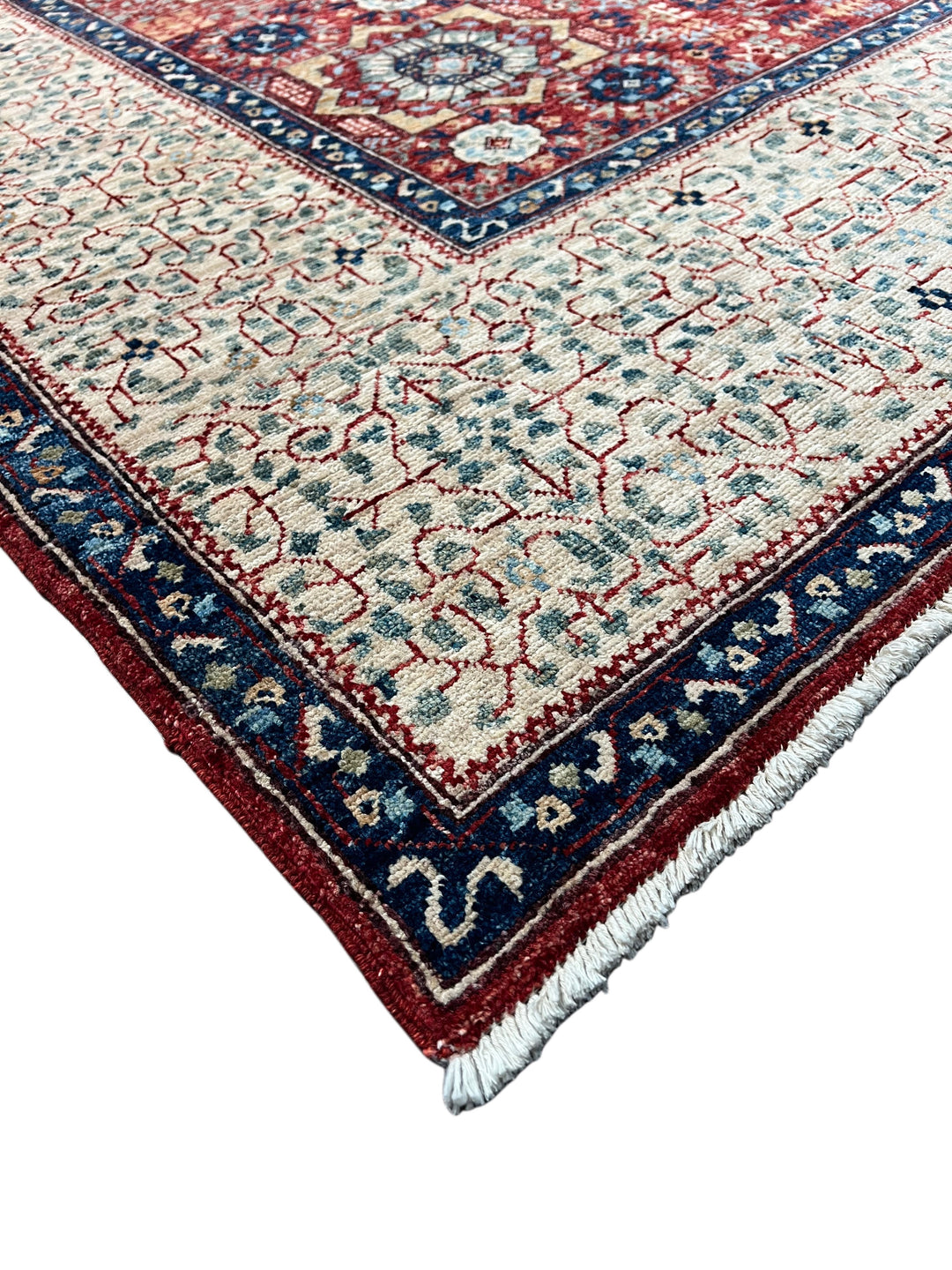 Red, Ivory &amp; Navy Mamluk Medallion Wool Rug – 8’1” × 12’0”