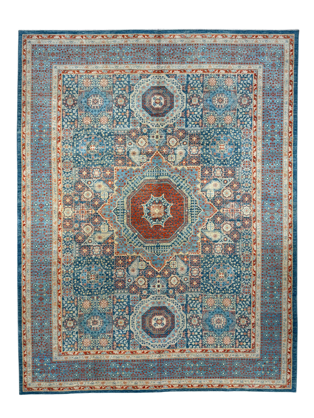 Blue, Rust &amp; Ivory Mamluk Style Medallion Rug – 9’2” × 11’11”