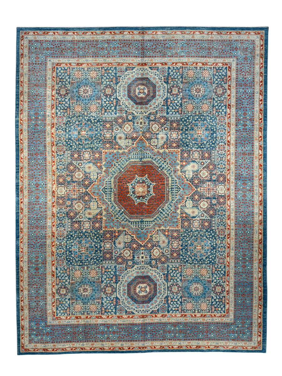 Blue, Rust & Ivory Mamluk Style Medallion Rug – 9’2” × 11’11”