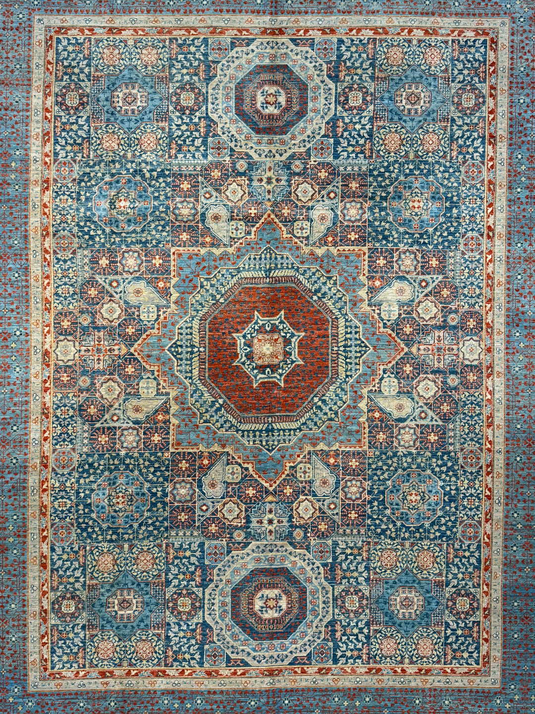 Blue, Rust &amp; Ivory Mamluk Style Medallion Rug – 9’2” × 11’11”