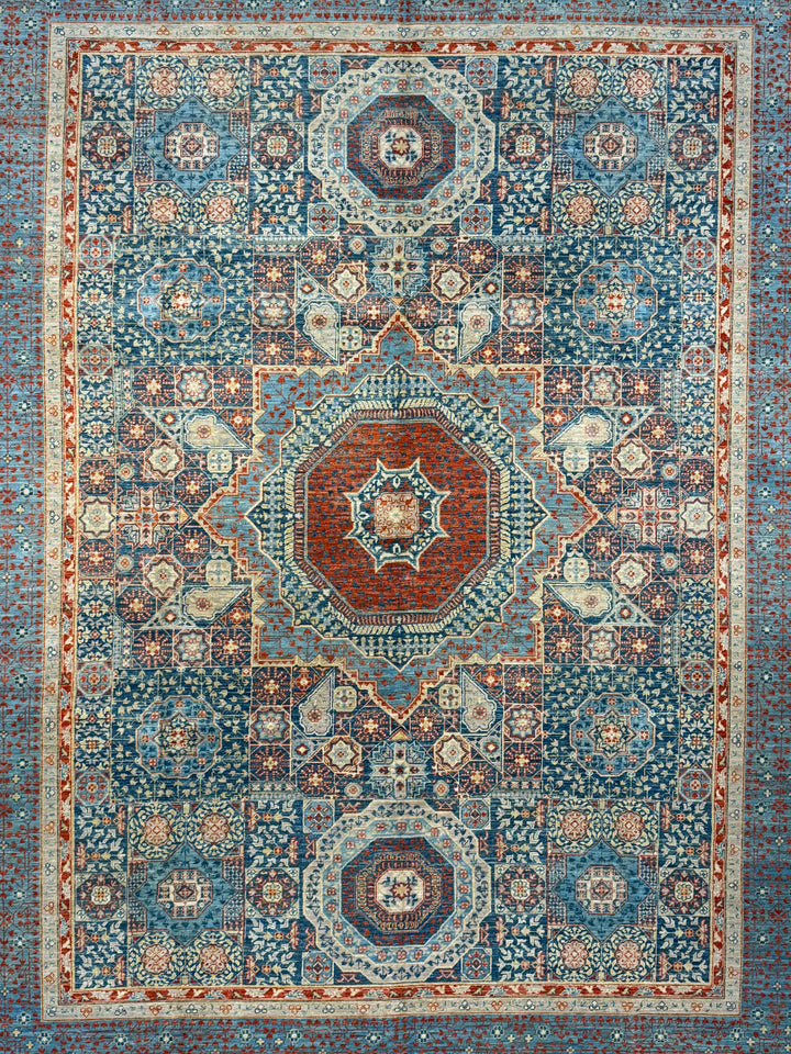 Blue, Rust &amp; Ivory Mamluk Style Medallion Rug – 9’2” × 11’11”