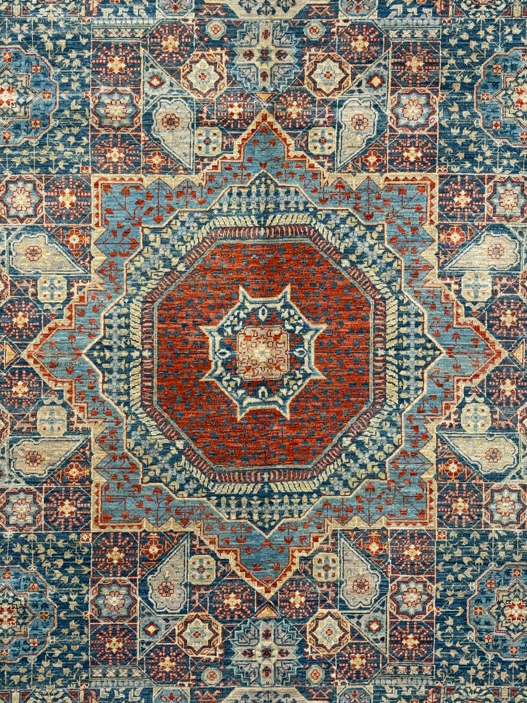Blue, Rust &amp; Ivory Mamluk Style Medallion Rug – 9’2” × 11’11”